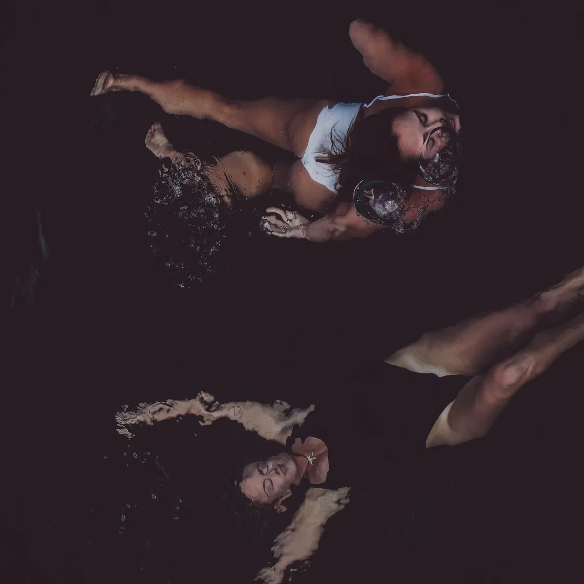 Swimmers seen from directly above in dark water at night.
