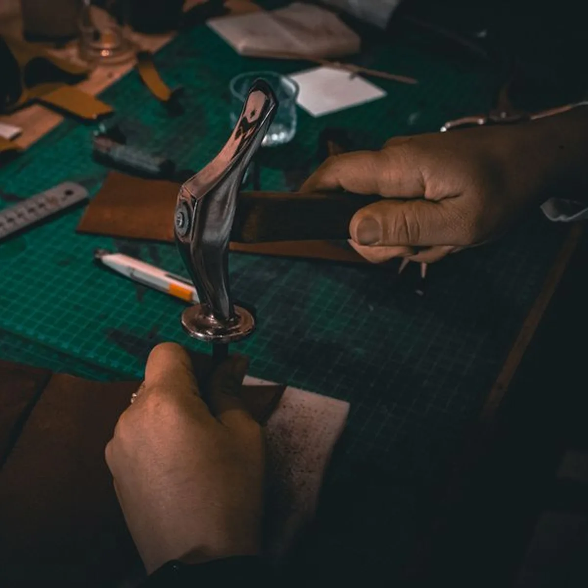 Hands working a piece of leather at the bench under warm light.
